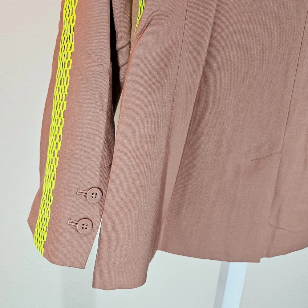 Wildfang Womens Mauve Pink Blazer Neon Yellow Mesh Stripe Shawl Collar Medium - Picture 6 of 11